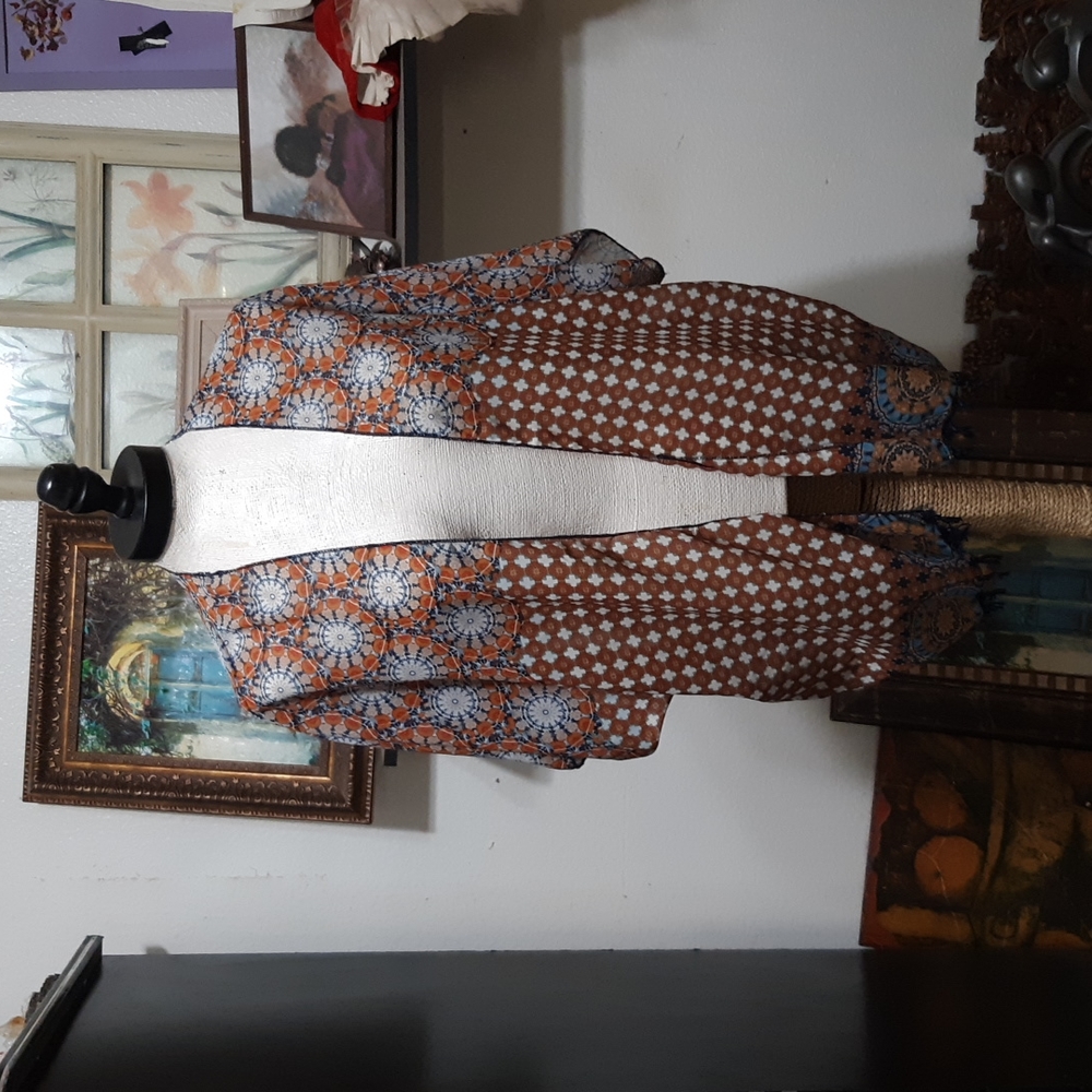 Womens Sheer Cover up Robe Medallion print Fringe tassel RUE21 Sz XL